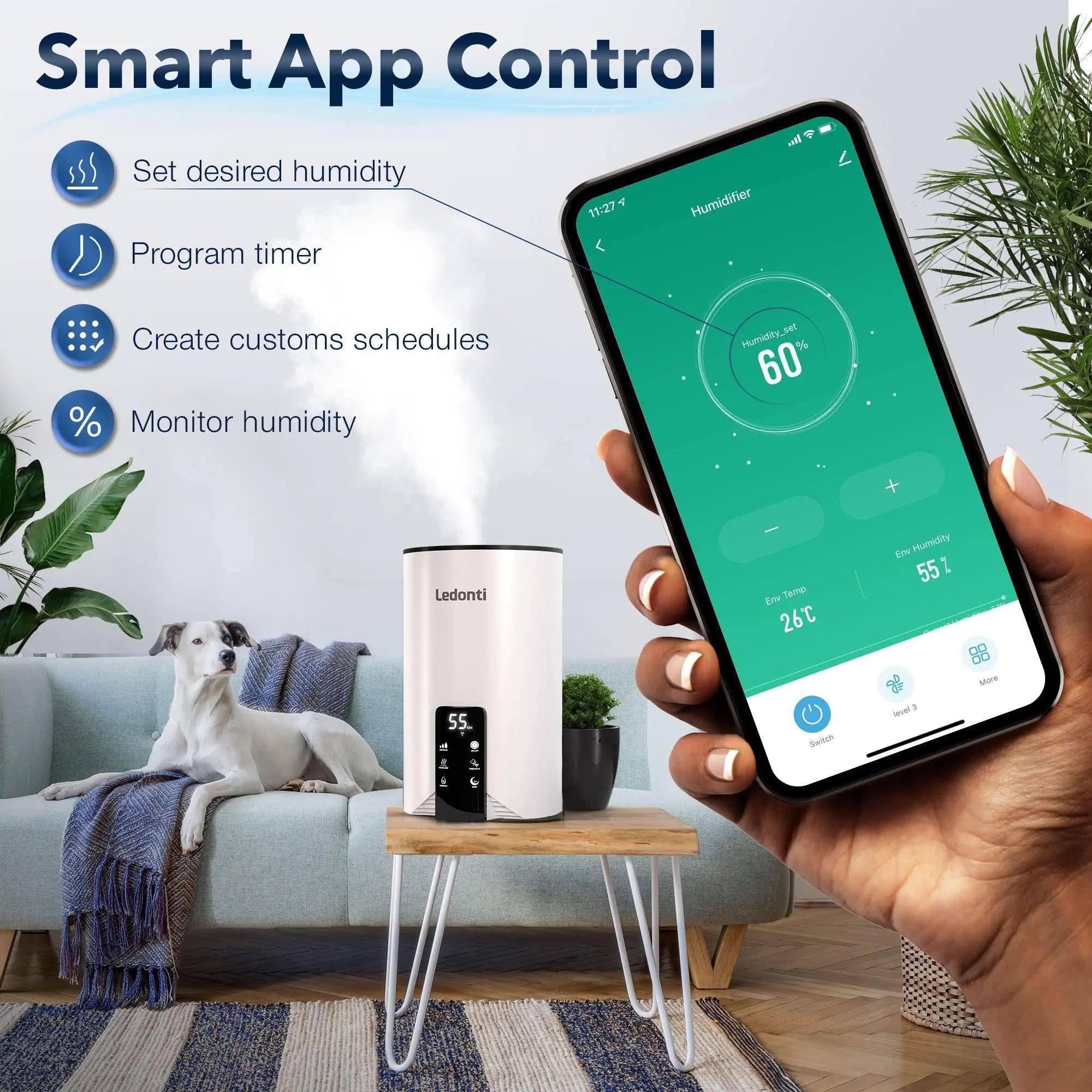 Ledonti Smart Wi-Fi Ultrasonic Air Revitalizer | App-Controlled | Auto Mode | Sleep Mode | Ceramic Filter | 360° Flow