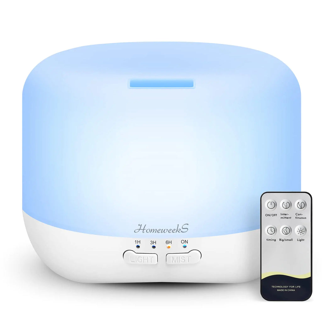 HOMEWEEKS 500ml Ultrasonic Aromatherapy Device | Remote Control | 8-Color LED | Whisper Quiet | Auto Shut-Off